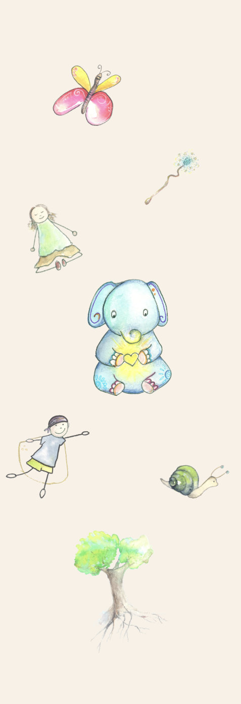 Aquarell-Figuren: Elefant, Kinder, Schmetterling, Schnecke und Baum